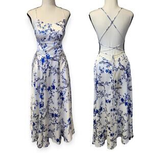 Betsy & Adam White Blue Floral Strappy Satin Tea Length Wedding Guest Dress Sz 4